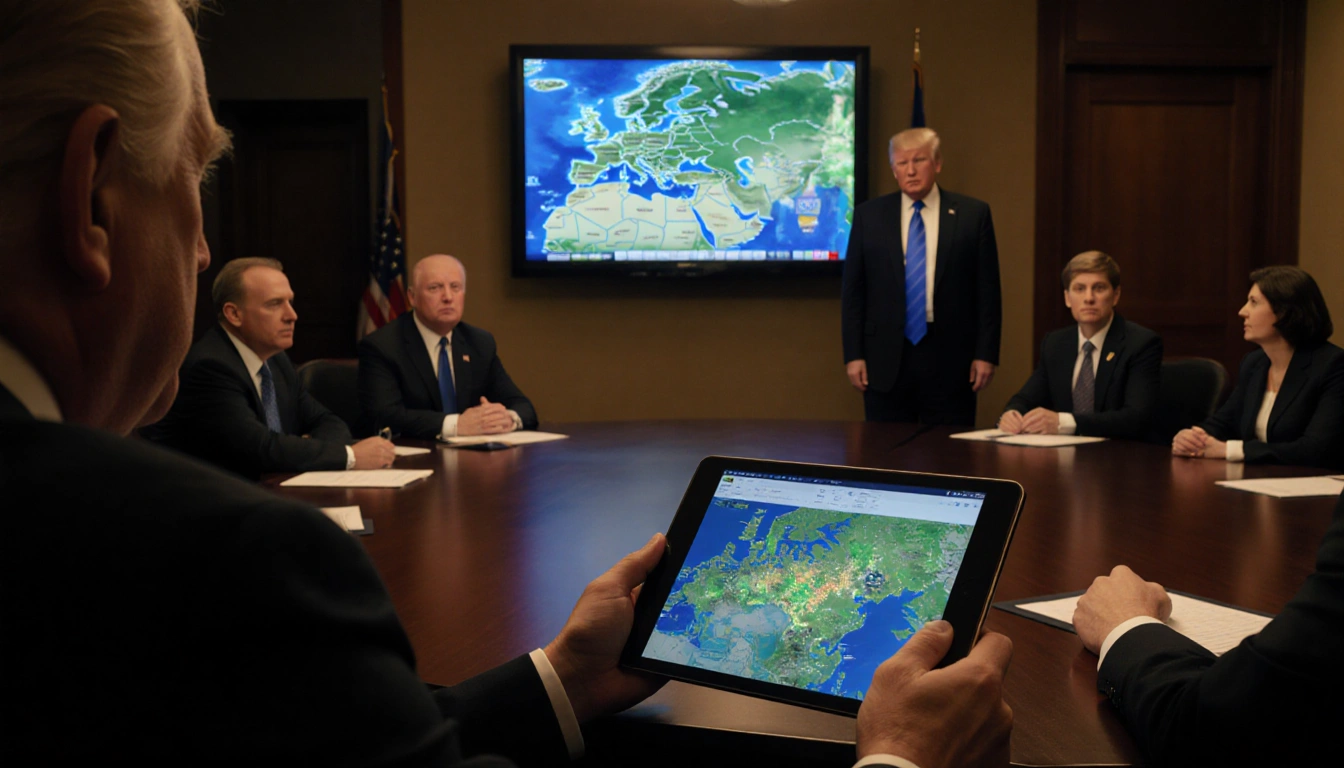 Leader holding tablet shows satellite image with map of Eastern Europe on screen and Trump