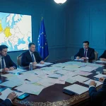 EU leaders discussing strategy with documents and maps while a screen shows Ukraine highlighted on Eastern Europe map
