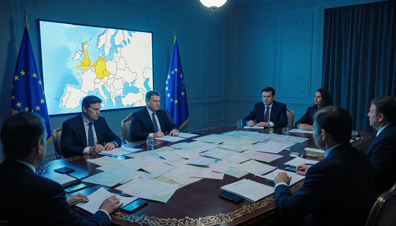 EU leaders discussing strategy with documents and maps while a screen shows Ukraine highlighted on Eastern Europe map