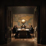 EU leaders discuss proposal at long wooden table with ornate globe and leather-bound books in dimly lit room