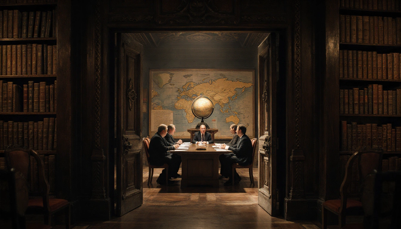 EU leaders discuss proposal at long wooden table with ornate globe and leather-bound books in dimly lit room