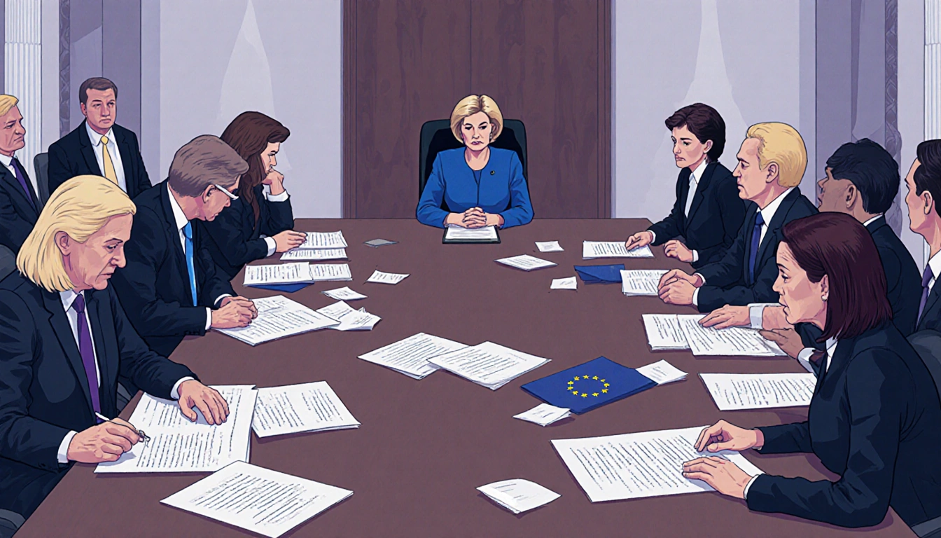 Ursula von der Leyen sits at the head of the table with scattered paperwork showing stalled EU negotiations in a meeting room