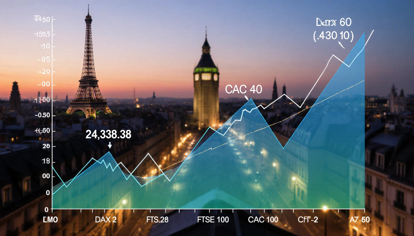 Overlapping stock charts rise and flat with DAX and FTSE up while CAC stays still against a blurred European cityscape at dus