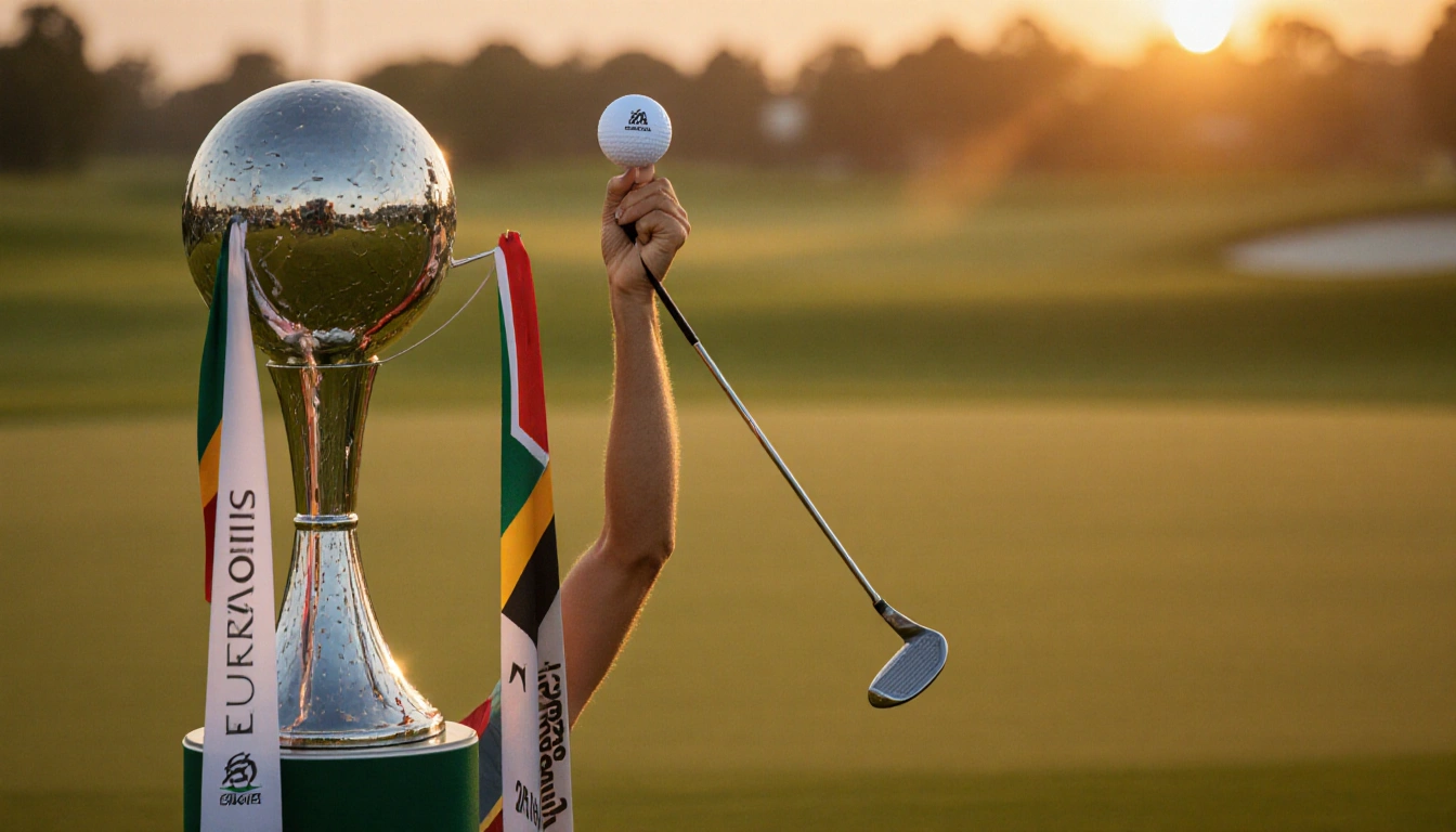 Golf champion raising club with trophy stand and sunset green and flag pattern hinting at recent win and triumphant smile.