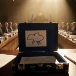 Open briefcase with documents and faint Ukraine map sits on table surrounded by 27 EU leaders under soft golden light