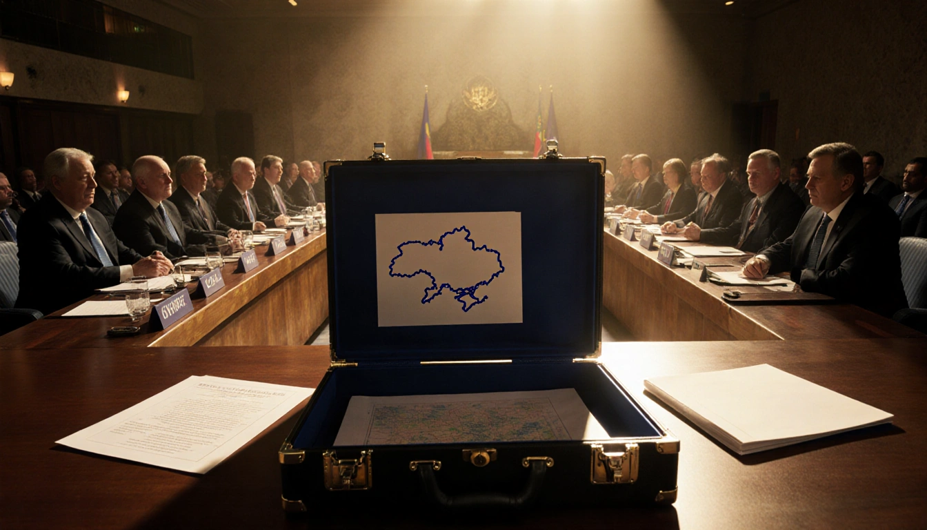 Open briefcase with documents and faint Ukraine map sits on table surrounded by 27 EU leaders under soft golden light
