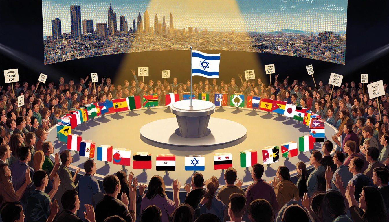 Eurovision stage surrounded by 35 country flags and a lone Israeli flag with a tense audience