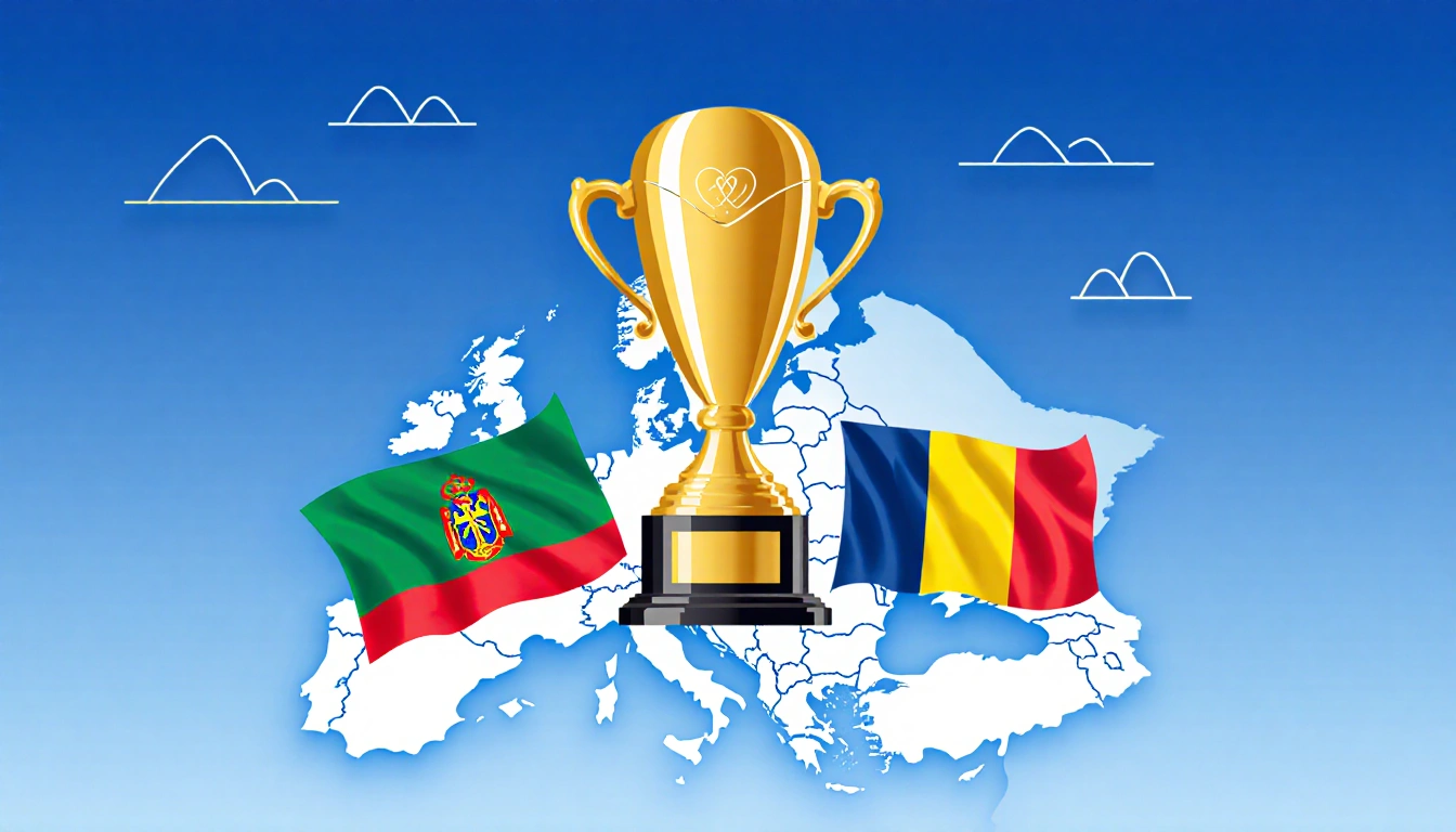 Golden Eurovision trophy overarches a triangle of Bulgarian Moldovan and Romanian flags with a map of Europe in background