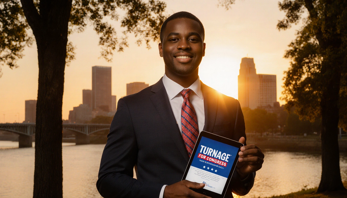 Evan Turnage standing with a tablet showing U.S. House logo against a Mississippi River sunset and Jackson skyline
