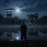 Detainee stands by Everglades water with Alligator Alcatraz sign reflected in water and Spanish moss