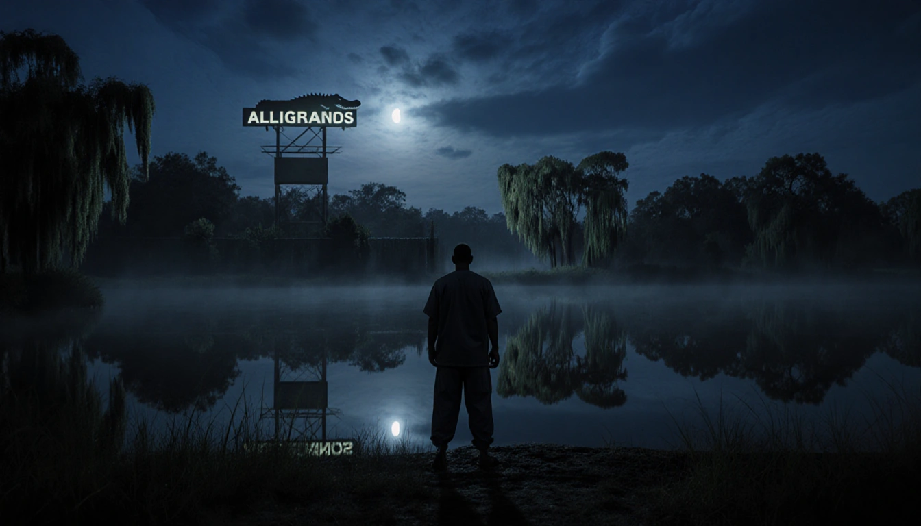 Detainee stands by Everglades water with Alligator Alcatraz sign reflected in water and Spanish moss