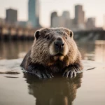 Exhausted beaver struggling near water surface with matted fur and murky water and blurred Austin cityscape behind