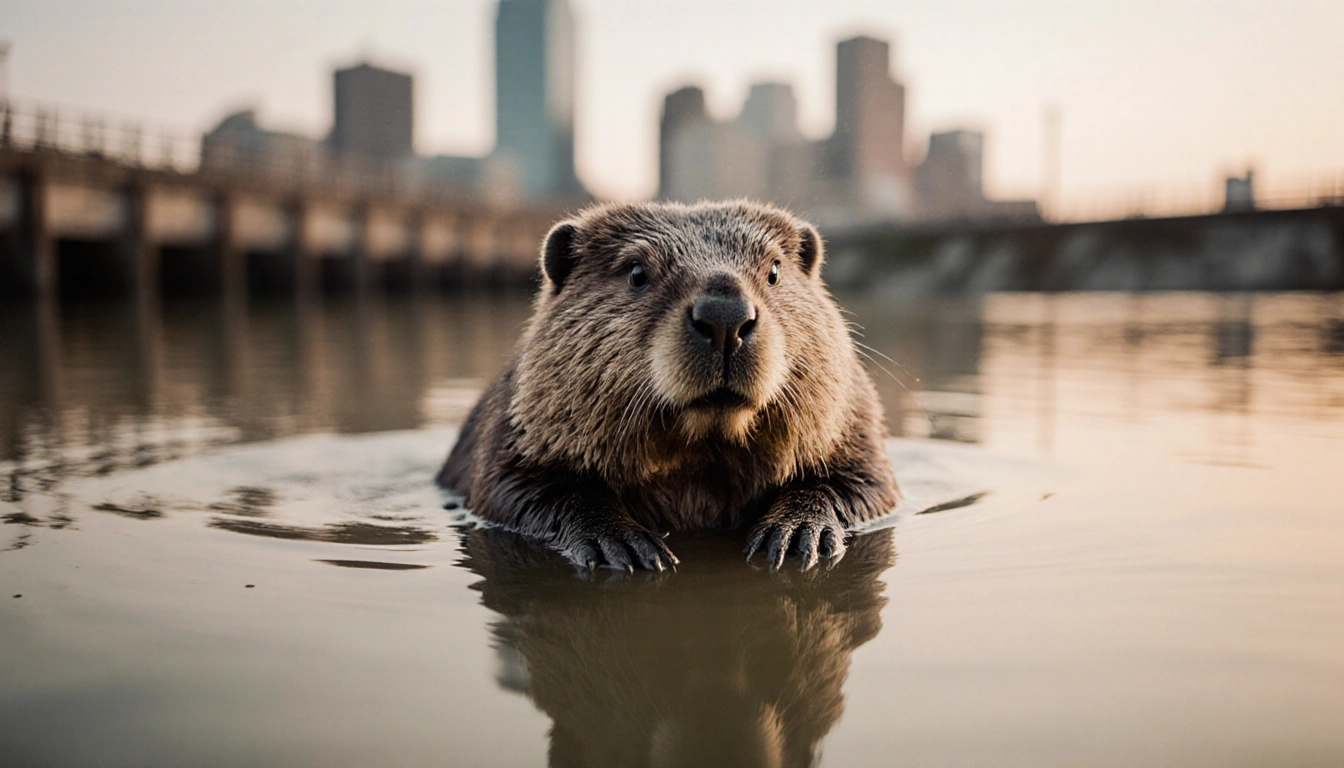 Exhausted beaver struggling near water surface with matted fur and murky water and blurred Austin cityscape behind
