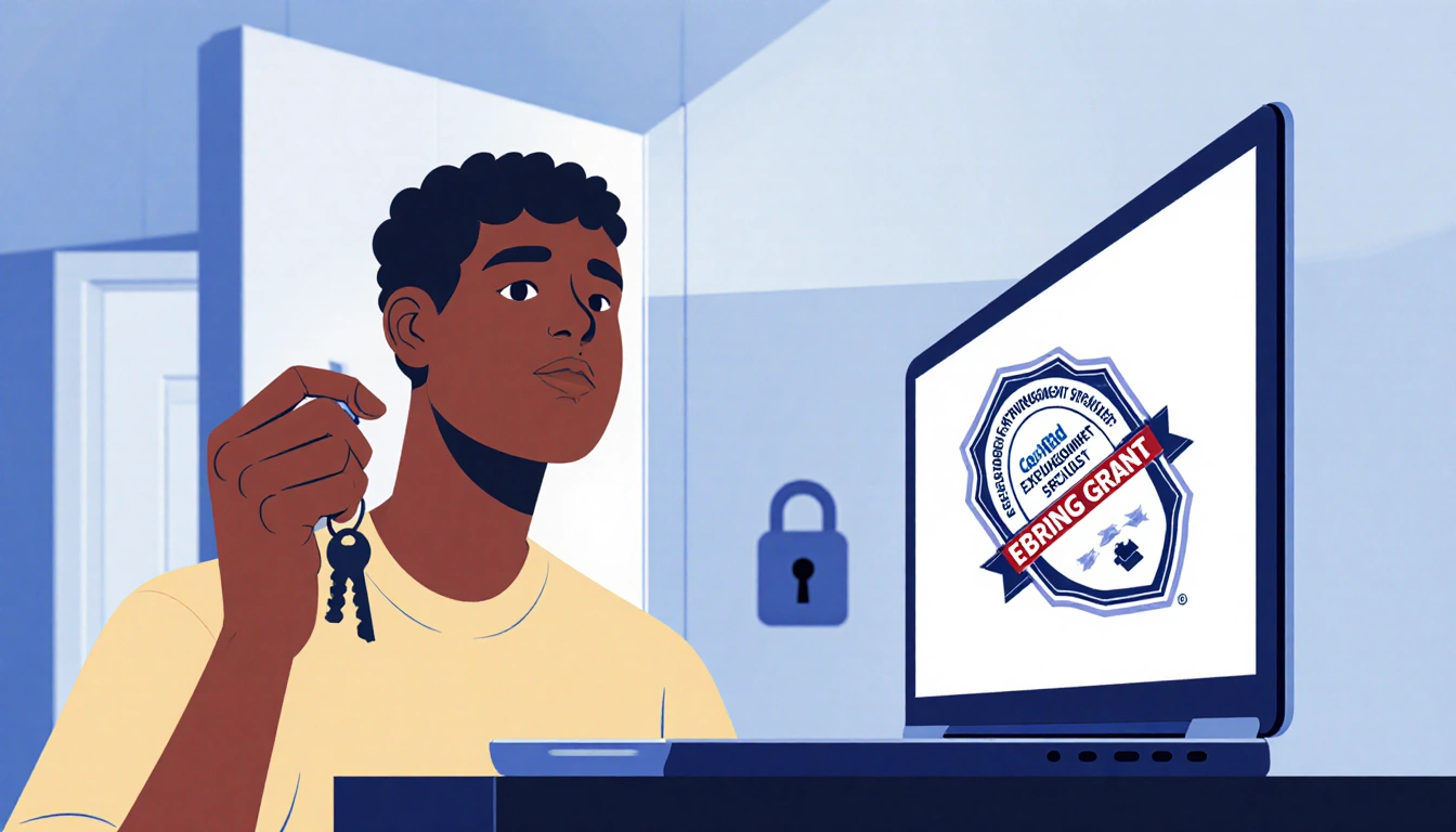 Person holding a key of freedom with laptop screen showing Expungement Specialist badge and blurred locked door in background