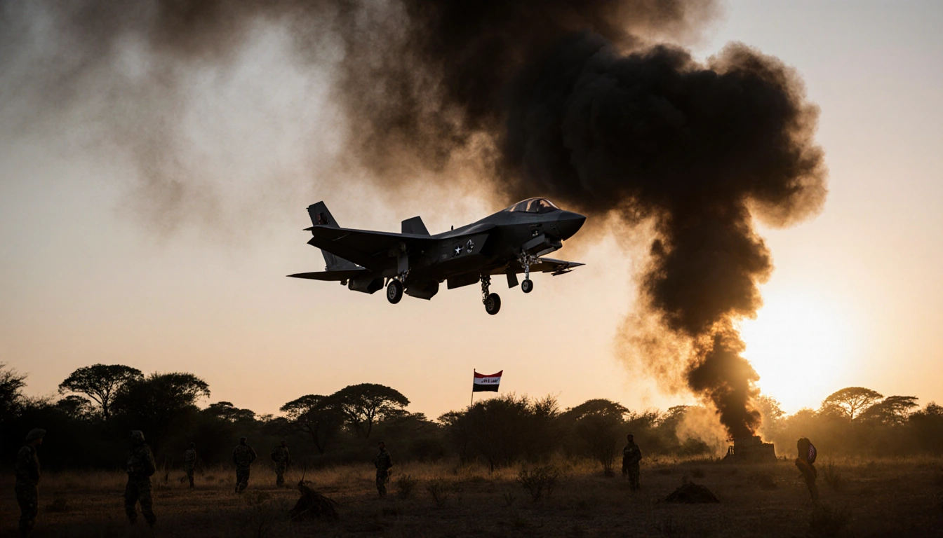 Military aircraft flying over forests at dusk with a smoke plume and an ominous shadow on ground