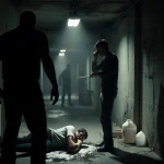 Coughing person stands in corridor with bleach puddle spilling from container beside fallen figure clutching arm.