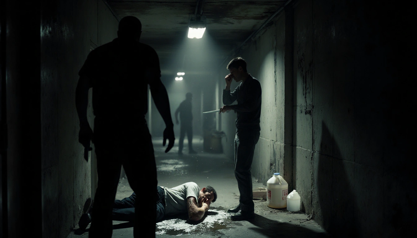 Coughing person stands in corridor with bleach puddle spilling from container beside fallen figure clutching arm.
