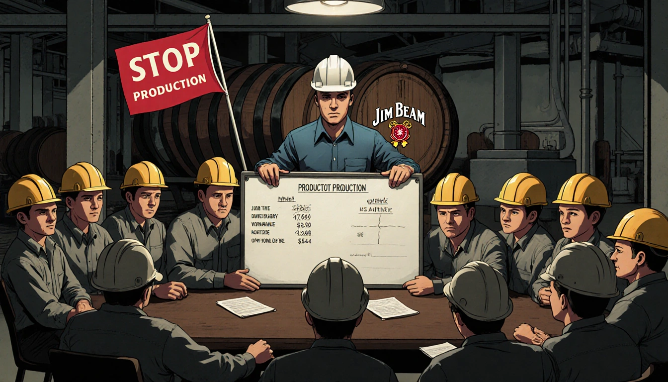 Workers in hard hats gathering around a table with union rep and whiteboard with numbers near a bourbon barrel and red stop f