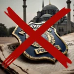 Badge crossed out with red X showing on wooden table near blurred mosque and antique newspaper