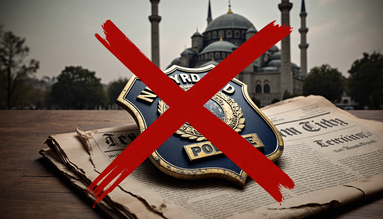 Badge crossed out with red X showing on wooden table near blurred mosque and antique newspaper