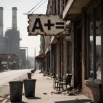 A++++ sign hangs above an Allentown street with peeling lettering and abandoned furniture near steel mill