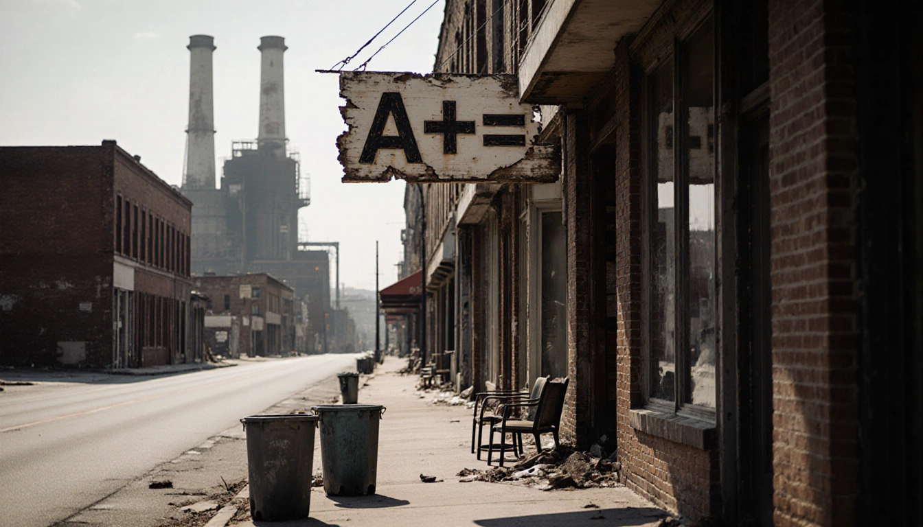 A++++ sign hangs above an Allentown street with peeling lettering and abandoned furniture near steel mill