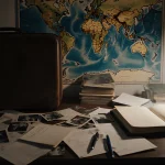 Suitcase opening with child’s belongings visible and dusty adoption records scattered on a dim desk