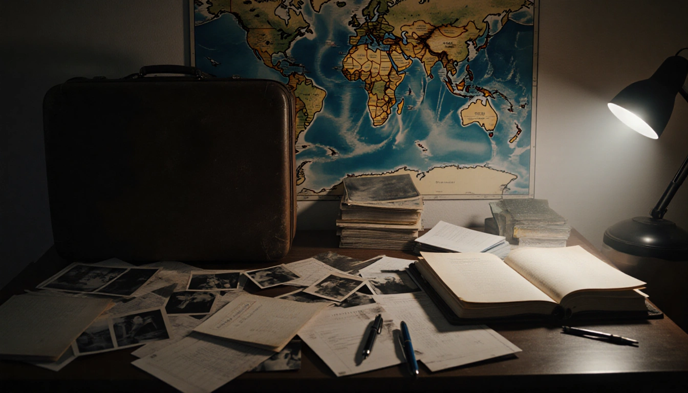 Suitcase opening with child’s belongings visible and dusty adoption records scattered on a dim desk