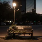 Wooden bench covered in flowers and vines with a faded memorial plaque under a lone streetlamp