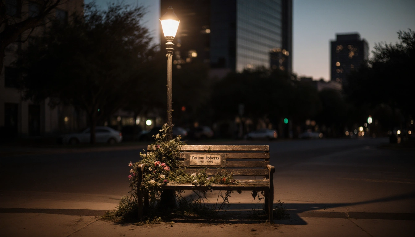 Wooden bench covered in flowers and vines with a faded memorial plaque under a lone streetlamp