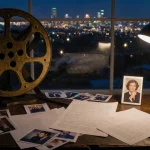 Film reel sits atop wooden desk with scattered faith-based scripts sheets photographs a Hollywood skyline glows behind