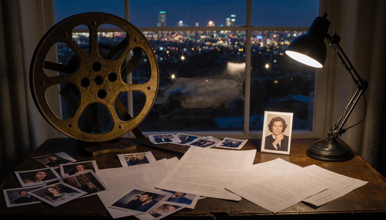 Film reel sits atop wooden desk with scattered faith-based scripts sheets photographs a Hollywood skyline glows behind
