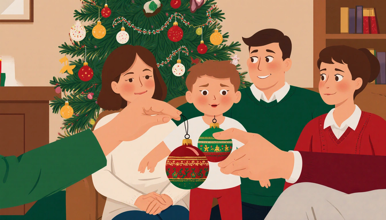 Parents sit calmly on couch returning a Christmas ornament with neutral faces and warm holiday décor