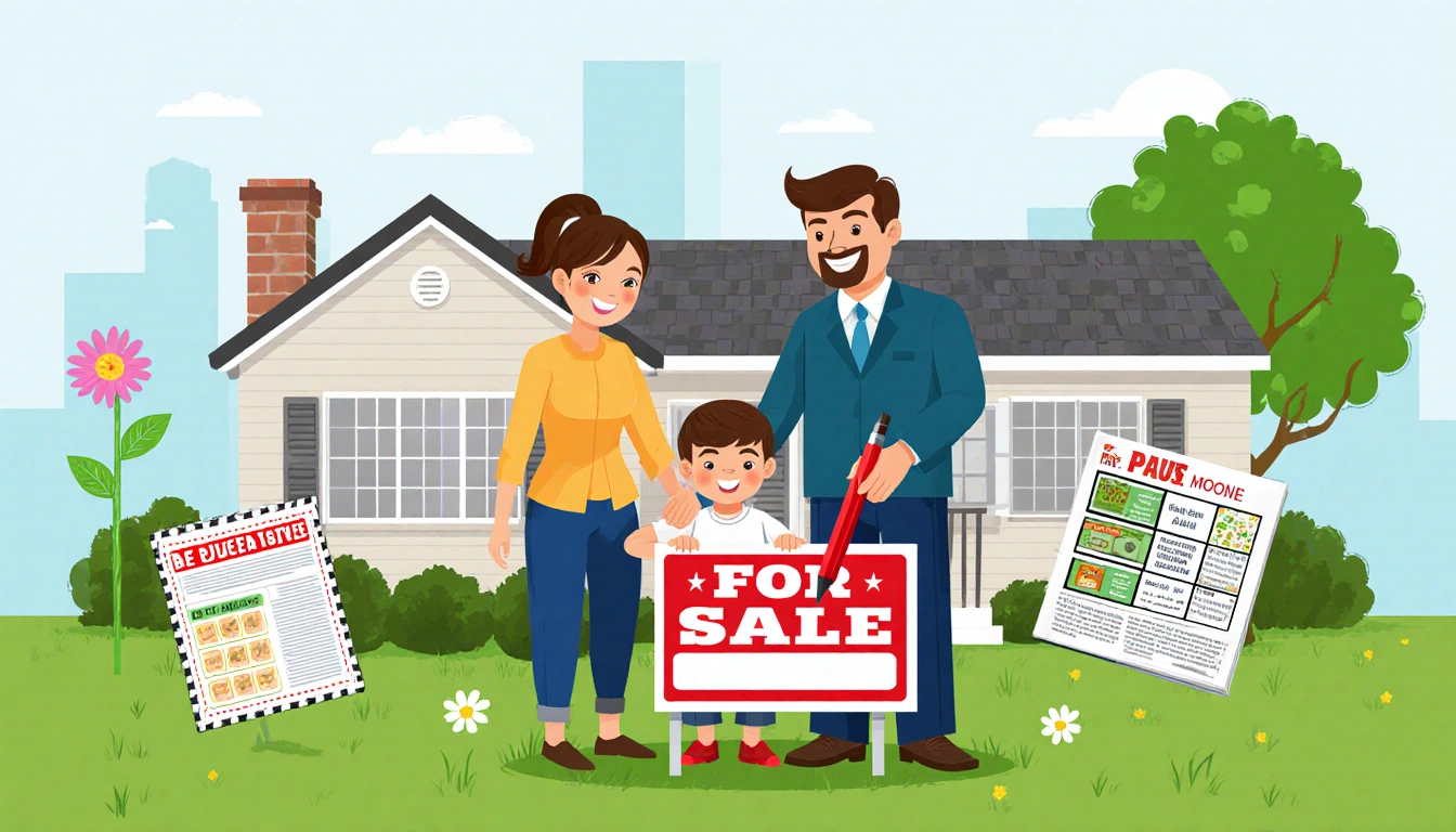 Father holding red pen with family standing near an affordable home with a budgeting book and a growing green tree.