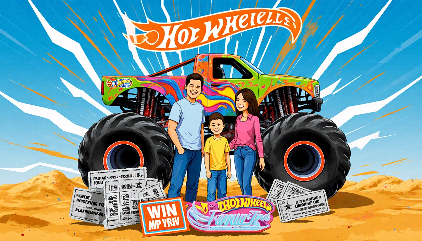 Happy family of four posing with a bright Hot Wheels Monster Truck and a large win a family pack banner