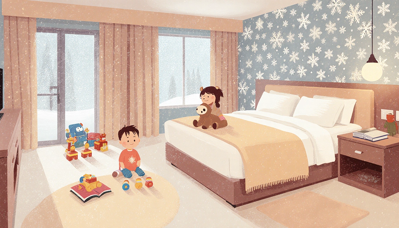 Cozy family-friendly hotel room displaying two beds with soft blankets and a stuffed animal and frosted windows showing winte