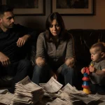 Mother sits with piles of bills and a concerned husband while a child plays with a toy in the living room