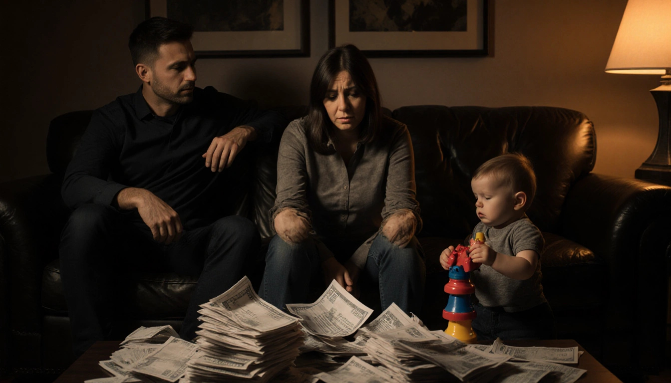 Mother sits with piles of bills and a concerned husband while a child plays with a toy in the living room