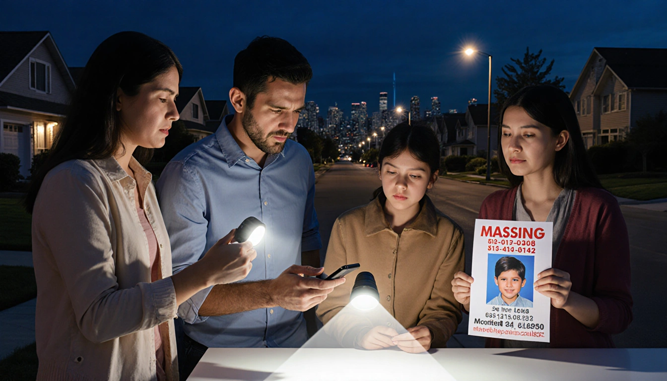 Family members standing with flashlights and phones at a table during a concerned late night search in a suburban street.