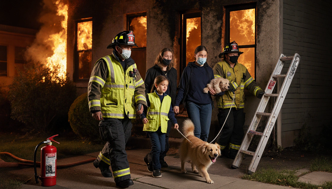 First responders escorting family out of burning house in Georgetown with pets and abandoned fire extinguisher near entrance.