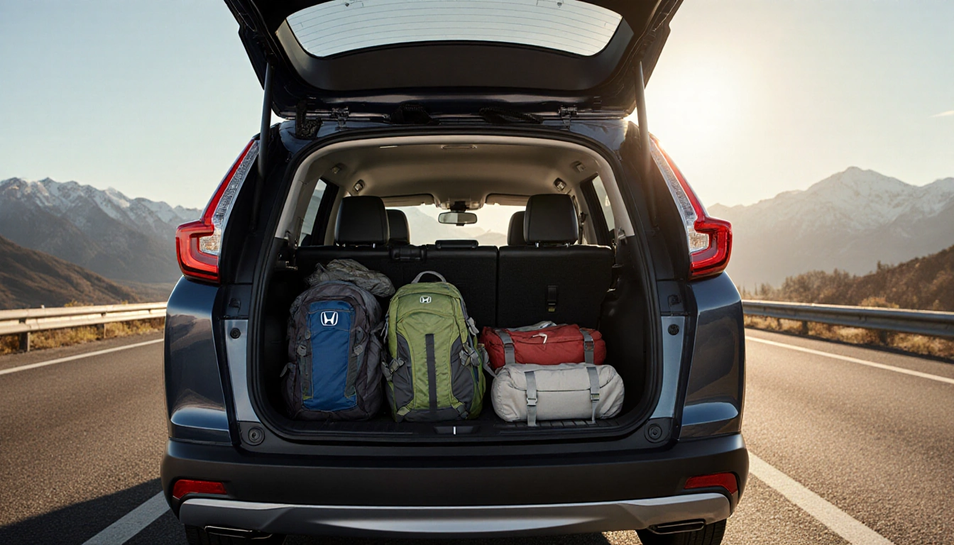 Honda CR‑V unfolds cargo space with luggage and mountain backdrop in natural light and warm glow