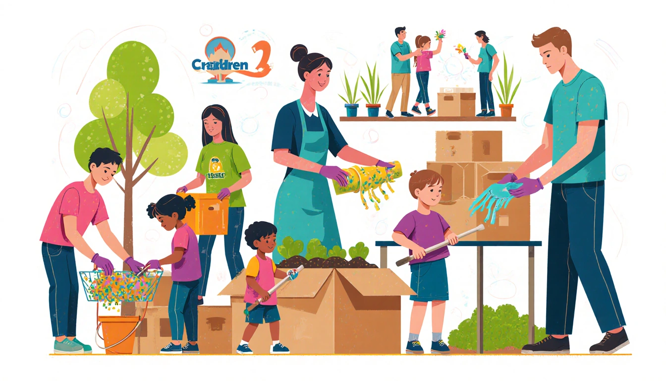 Family volunteering with volunteers while sorting donations, planting trees, and crafting together in bright colors.