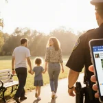 Woman walking hand-in-hand with family toward sunny park bench with warm light and hopeful police officer holding a tablet