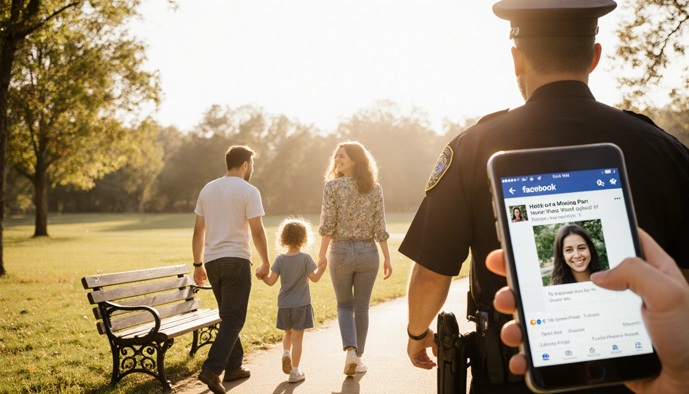 Woman walking hand-in-hand with family toward sunny park bench with warm light and hopeful police officer holding a tablet