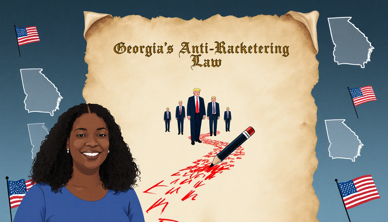 Fani Willis standing in front of parchment with Georgia golden text and red pen trail leading to Trump figures.