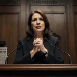 Fani Willis delivers a speech at a Georgia Senate podium with stern wooden paneling and subtle voting imagery behind her