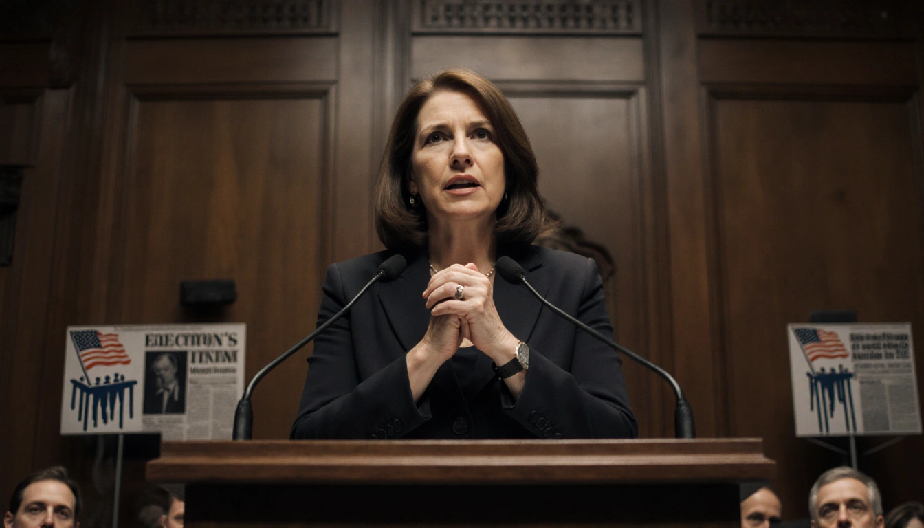 Fani Willis delivers a speech at a Georgia Senate podium with stern wooden paneling and subtle voting imagery behind her