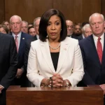Fani Willis standing confidently at a podium with senators surrounding her in a tense committee hearing room