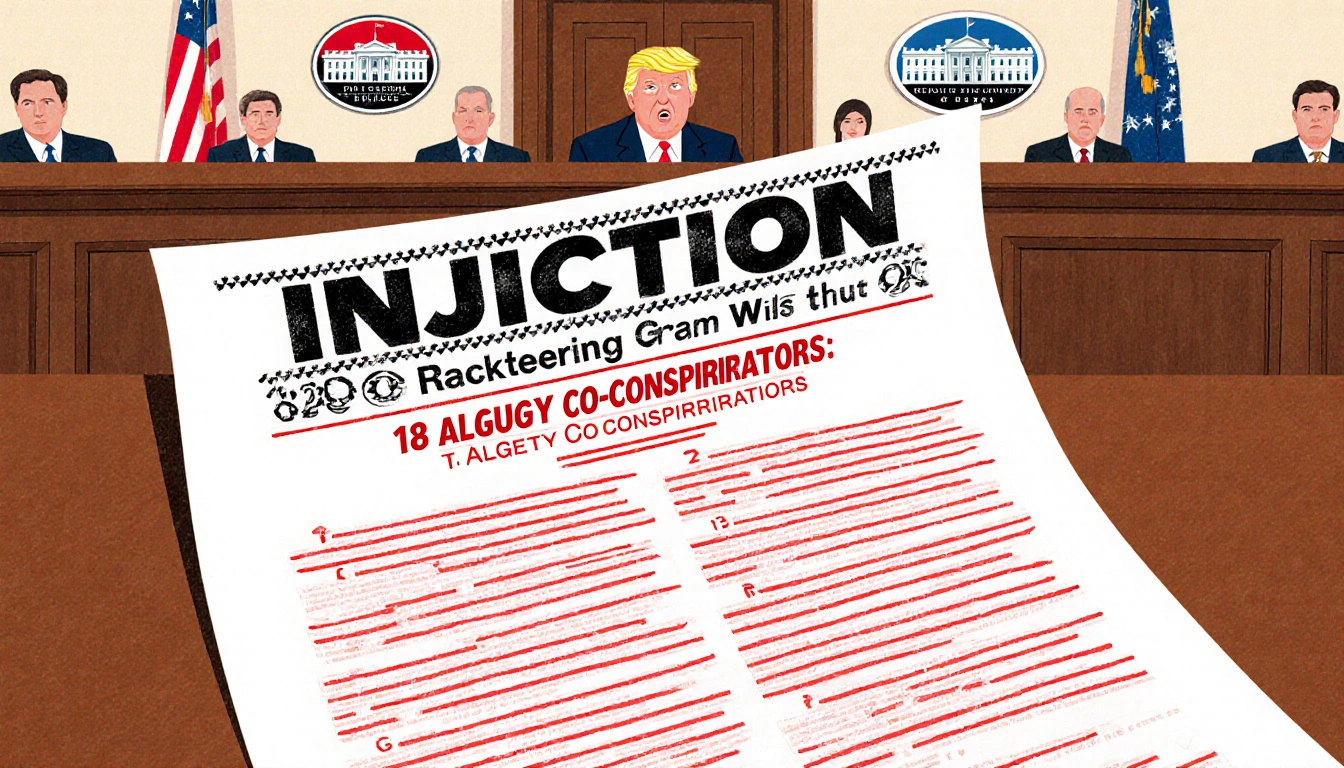Racketeering indictment document unfolding on wooden table with bold red ink and names Trump and 18 co-conspirators in a cour