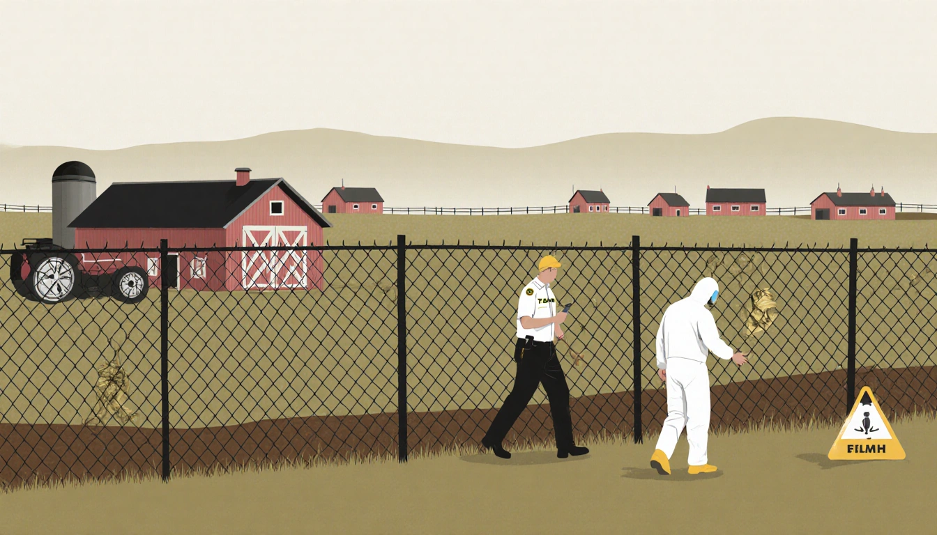 TAHC officials inspecting quarantine fence with hazmat suits and monitoring grid nearby farms in muted background.